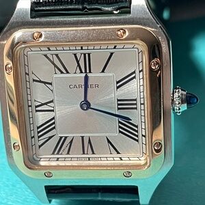 Cartier Santos Medium Quartz Stainless Steel Roman Dial Black Leather Watch